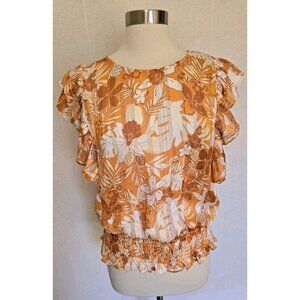 Pleione Womens Orange Blouse Size Medium Fluter Sleeve Elastic Waist